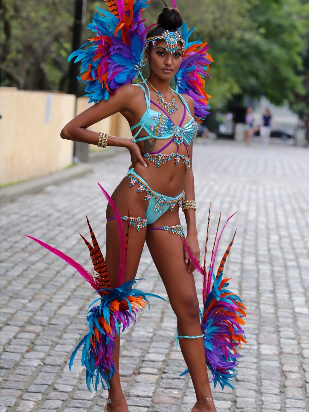 Teal Blue Jewelled Purple Gem Embellished Carnival Costume Feather Festival Set